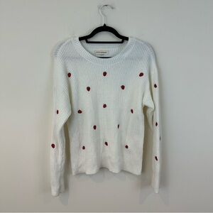 Lucky Brand White Crewneck Knit Sweater Embroidered Strawberries Medium
